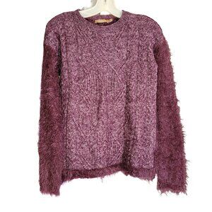 Conbipel  Plum Cable Knit Crew Neck Sweater Eyelash Knit Sleeves & Back Size Med